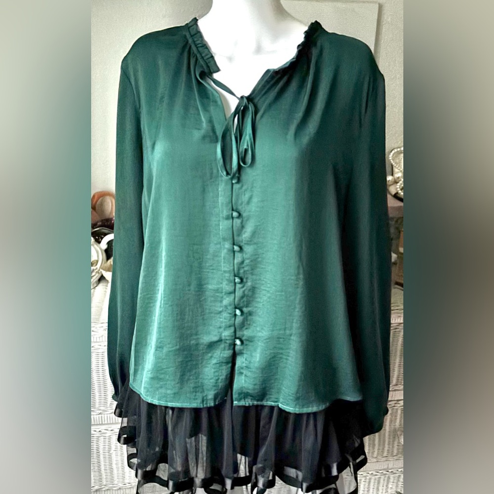 Acoa Button Down Blouse Ruffled Long Balloon Sleeves in Kelly Green Plus Size 2X